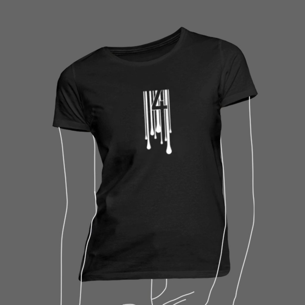 Bild eines schwarzen frauen T-Shirts mit dem B4RCODE. 4codemelting Design darauf.
