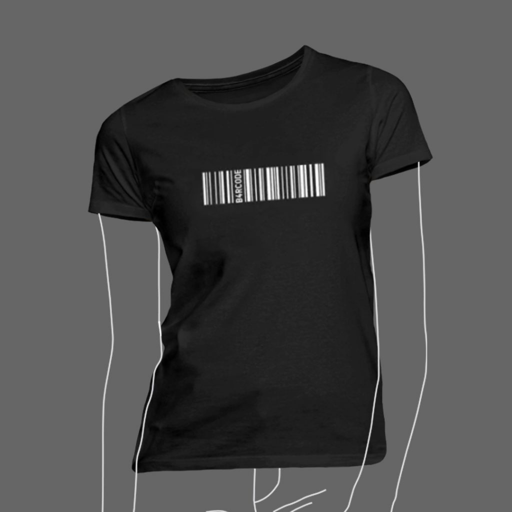 Bild eines schwarzen frauen T-Shirts mit dem B4RCODE. Compact Design darauf.