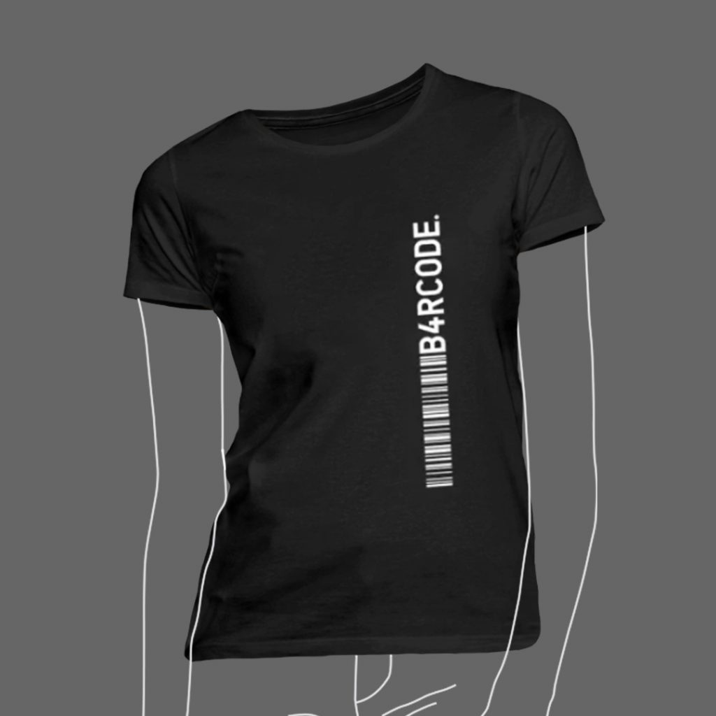 Bild eines schwarzen frauen T-Shirts mit dem B4RCODE. line Design darauf.