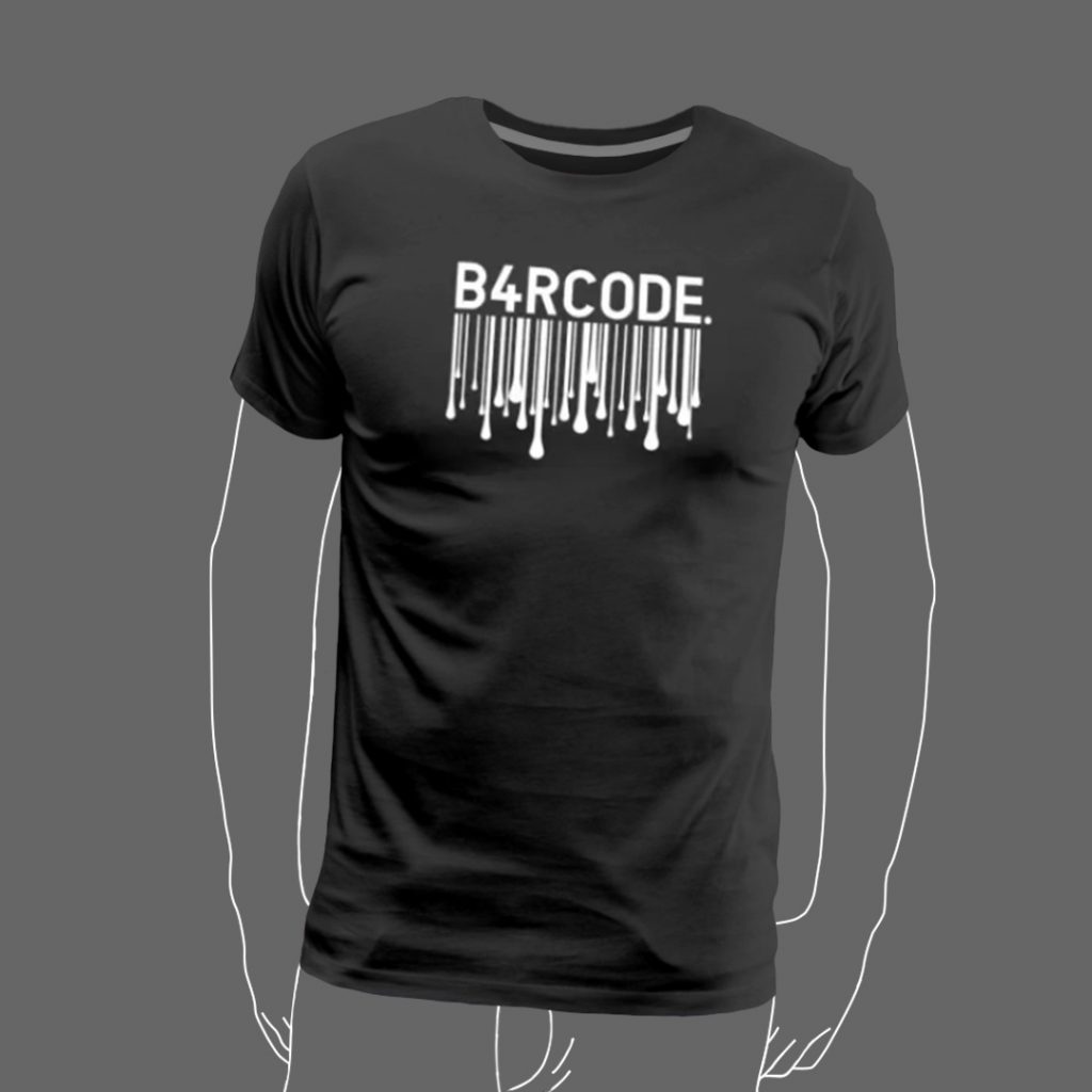 Schwarzes T-Shirt der Marke B4RCODE. mit einem weißen, verlaufenden Barcode-Design und dem Text 'B4RCODE.' oben.