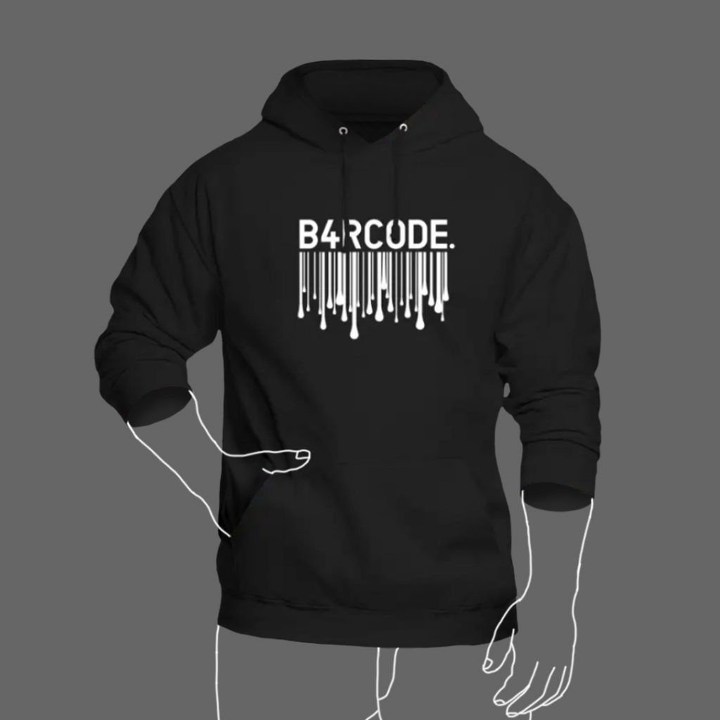 Ein schwarzer unisex Hoodie mit dem Wort "B4RCODE." und einem barcode/Strichcode darauf.