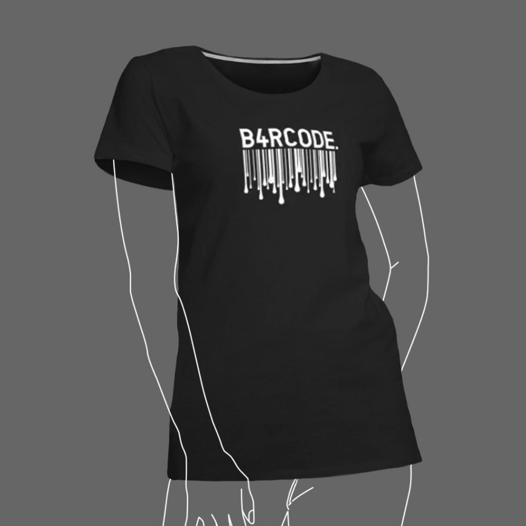 Schwarzes T-Shirt der Marke B4RCODE. mit einem weißen, verlaufenden Barcode-Design und dem Text 'B4RCODE.' oben.