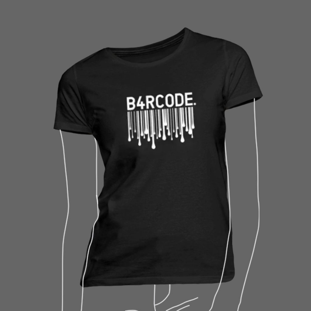 Schwarzes T-Shirt der Marke B4RCODE. mit einem weißen, verlaufenden Barcode-Design und dem Text 'B4RCODE.' oben.