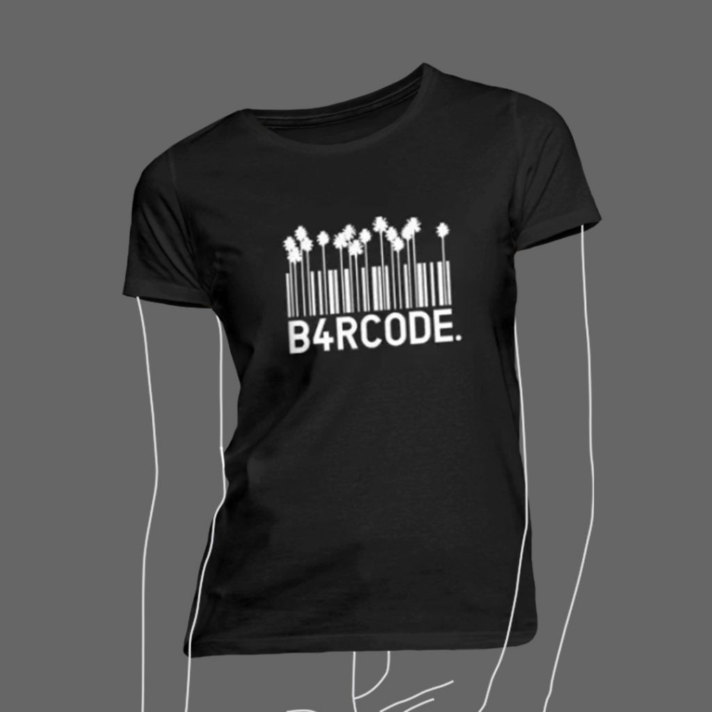Bild eines schwarzen frauen T-Shirts mit dem B4RCODE. Palm trees Design darauf.