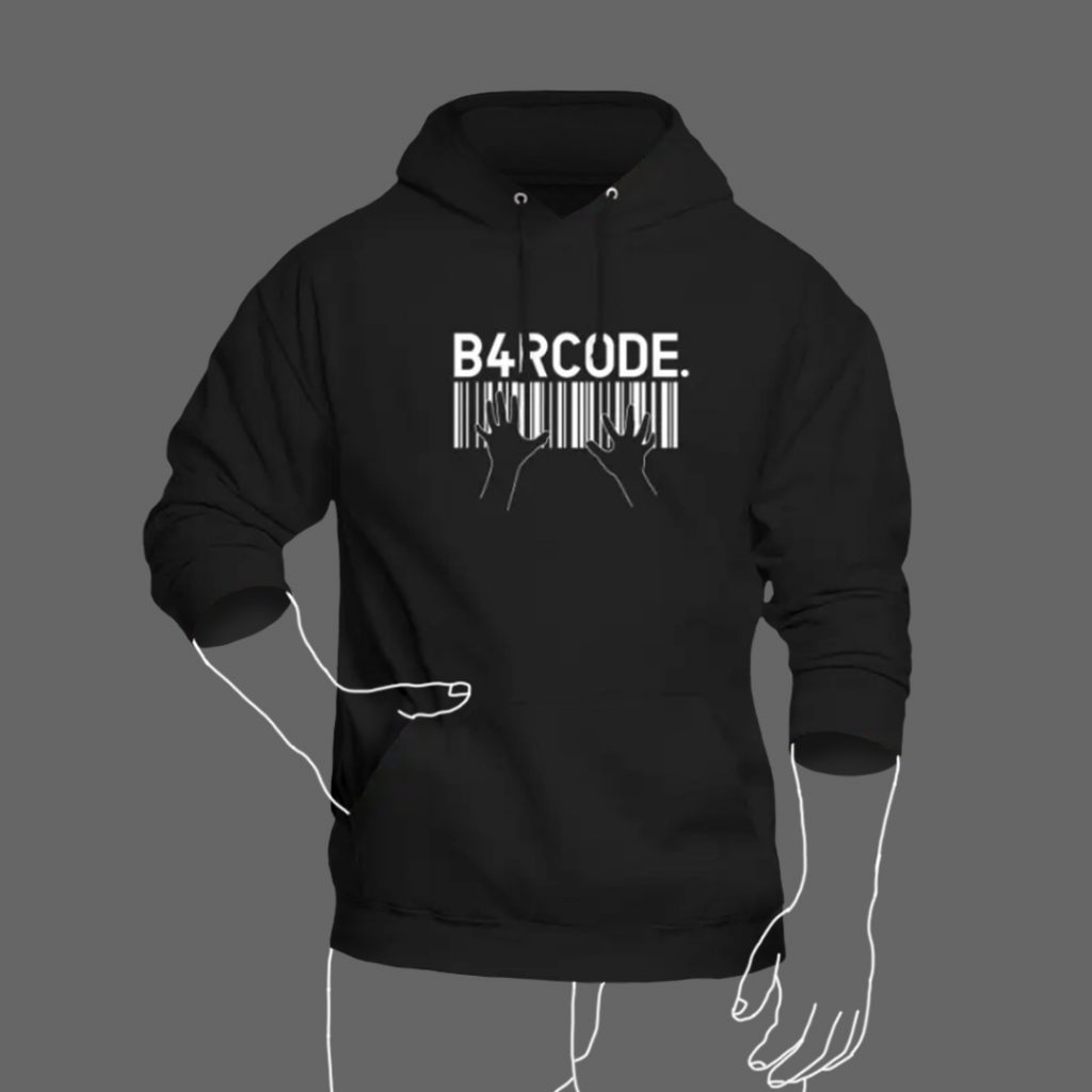 Ein schwarzer unisex Hoodie mit dem Wort "B4RCODE." und einem barcode/Strichcode darauf.