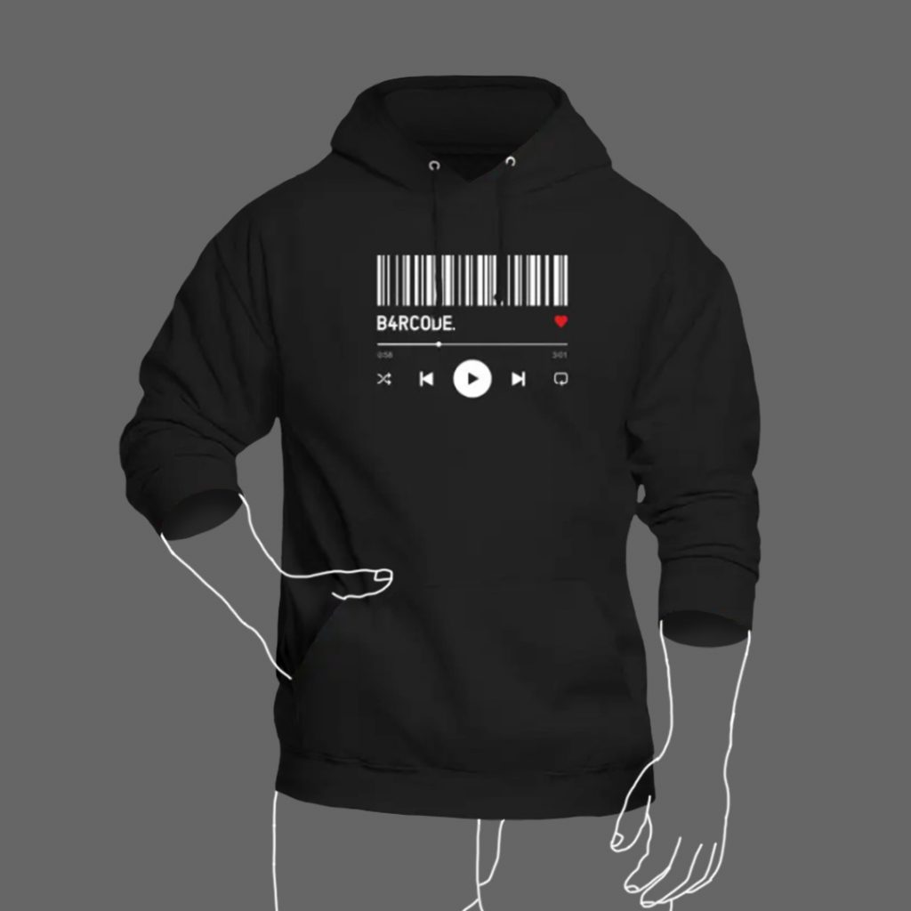Ein schwarzer unisex Hoodie mit dem Wort "B4RCODE." und einem barcode/Strichcode darauf.